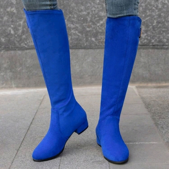 Fashion Match Pants,Navy Blue Women Low Heel Side Zipper Suede Knee-High Riding - Picture 2 of 6